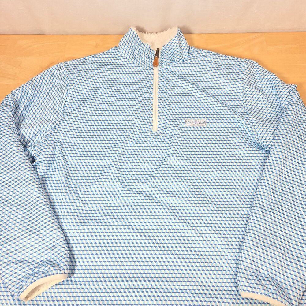 USA Palm Mens Sz L Faux Sherpa 1/4 Zip Reversible Jacket Pullover Cube Geometric